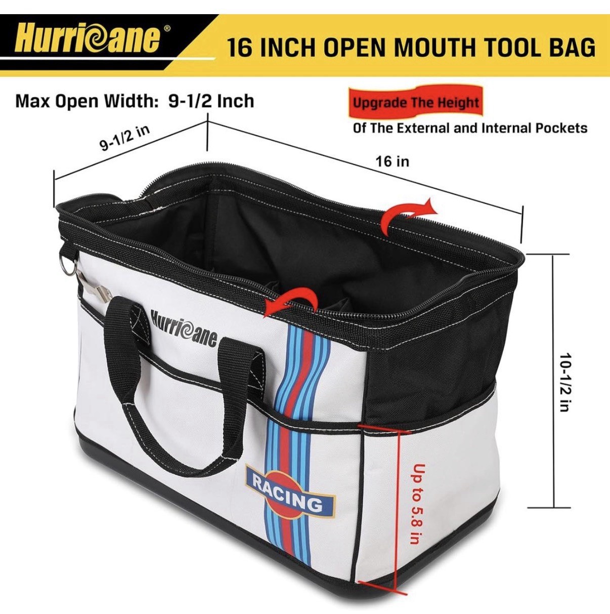Hurricane 16in Open Mouth Tool Bag Polyester w/Handle Shoulder Strap Metal Frame
