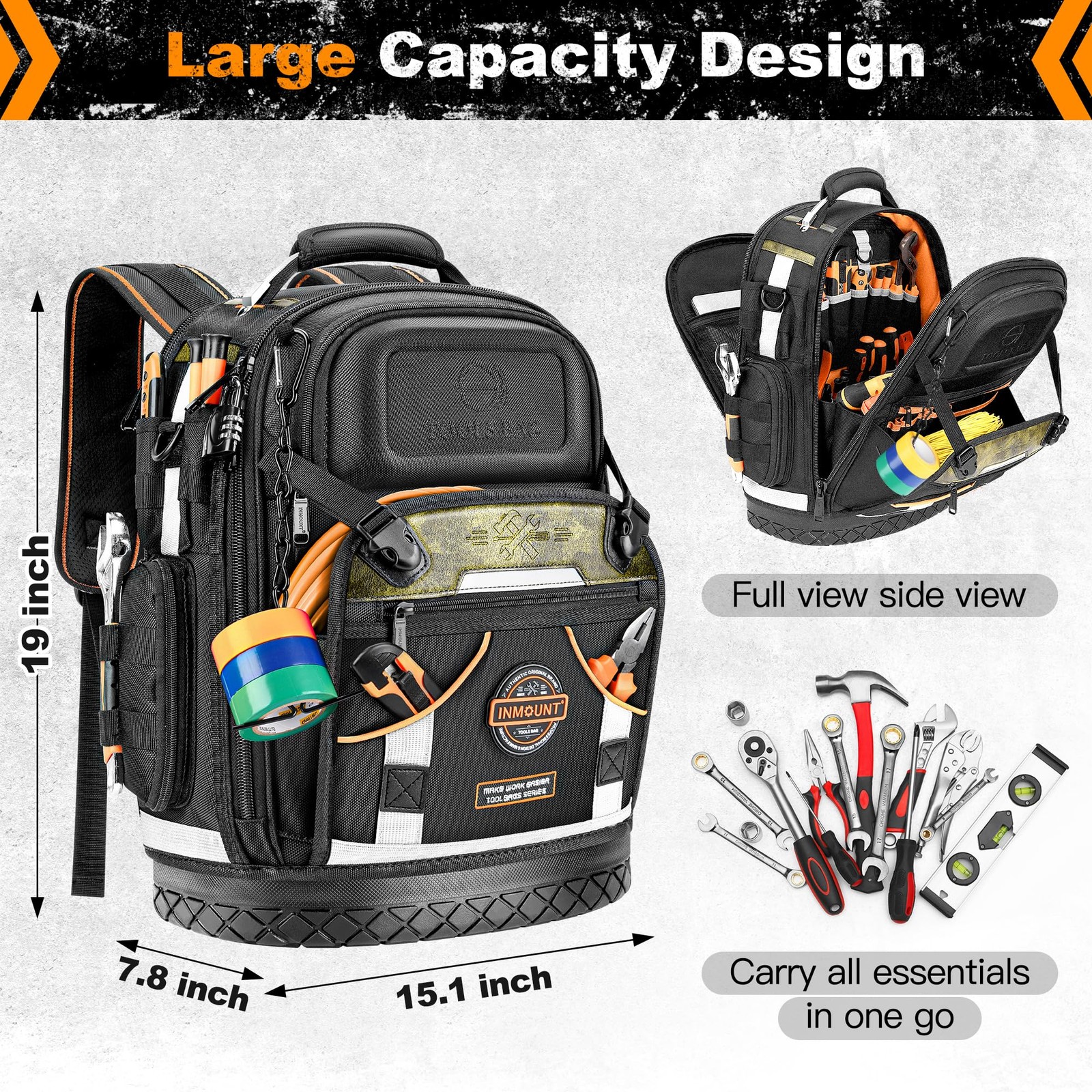 Tool Backpack Bag, HVAC Heavy Duty Construction 15.1″L x 7.8″W x 19″H, Black