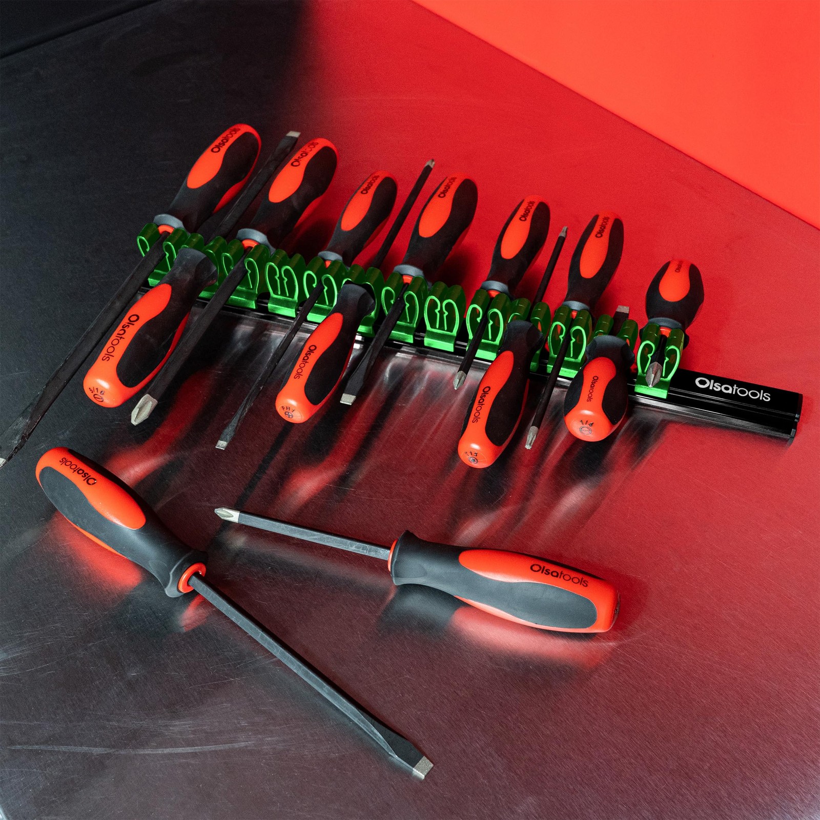 Olsa Tools Magnetic Screwdriver Organizer 1pc, BLACK ORGANIZER / GREEN CLIPS