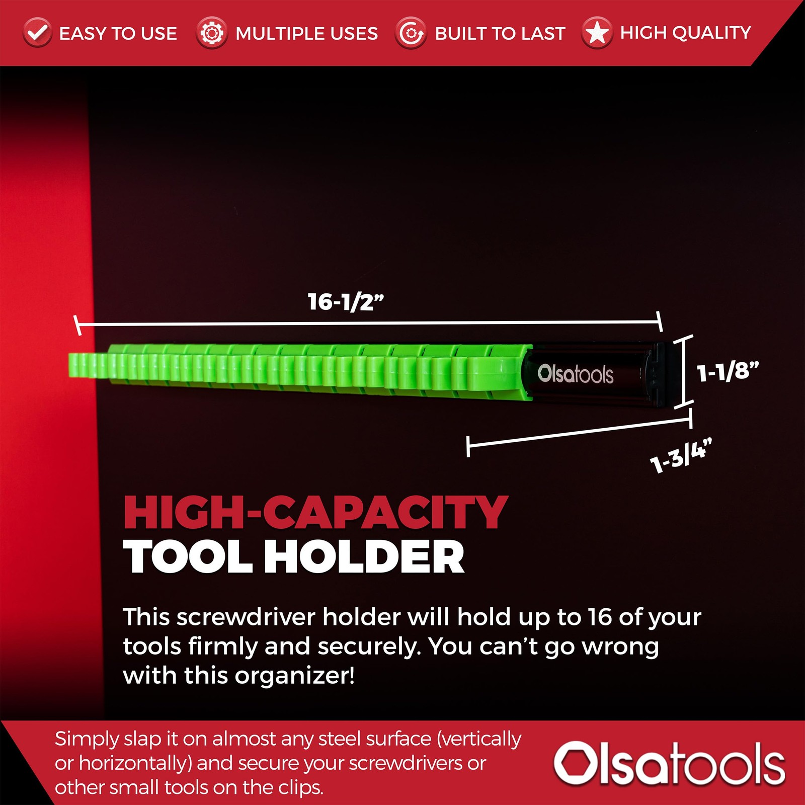 Olsa Tools Magnetic Screwdriver Organizer 1pc, BLACK ORGANIZER / GREEN CLIPS