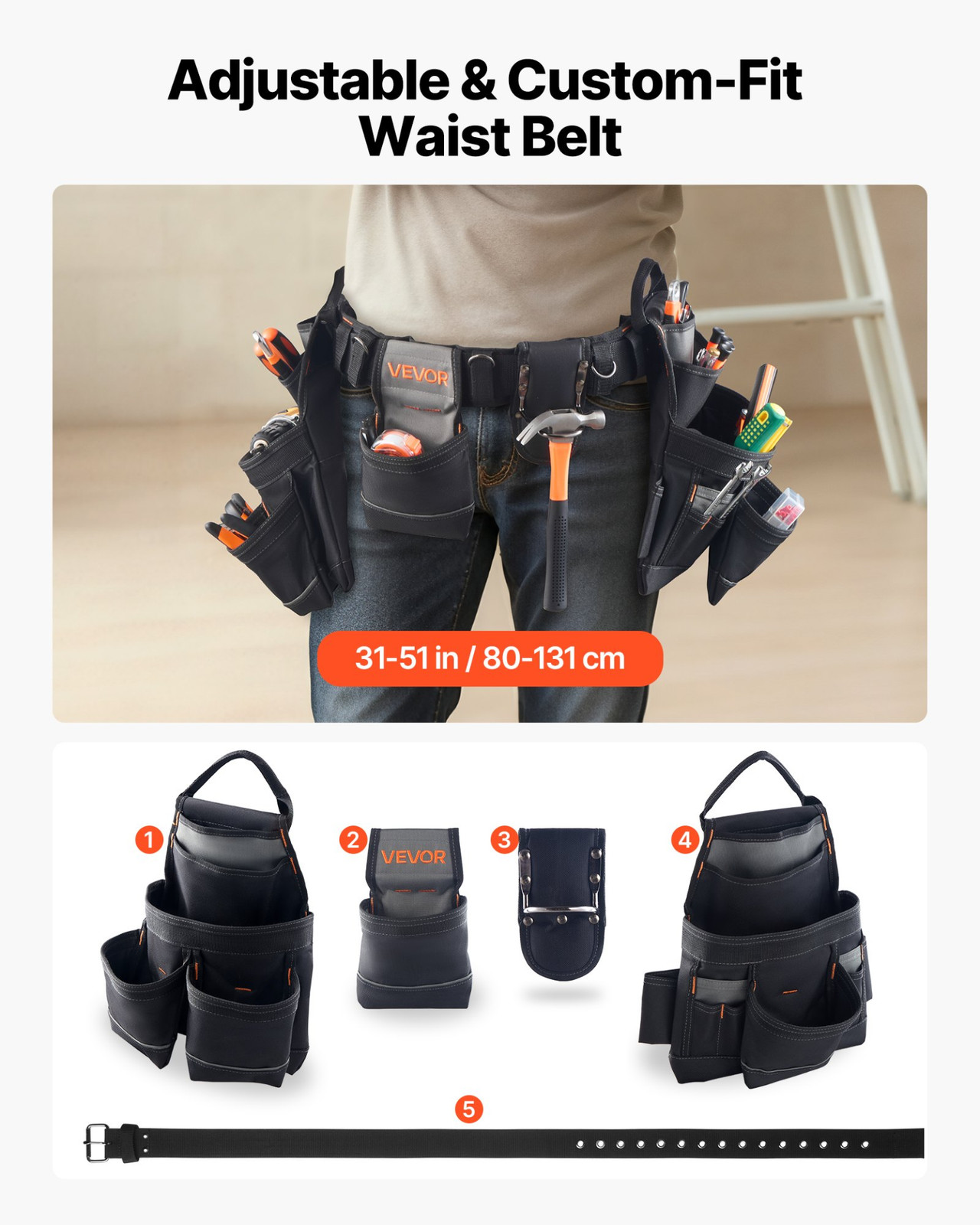 VEVOR Professional Tool Belt with 18-Pocket Detachable Pouch – Heavy Duty