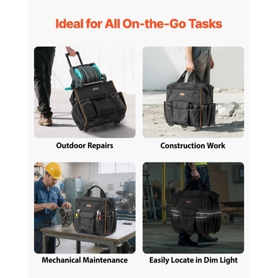 Rolling Tool Bag 18in Heavy Duty Wheeled Organizer Telescoping Handle 25 Pockets