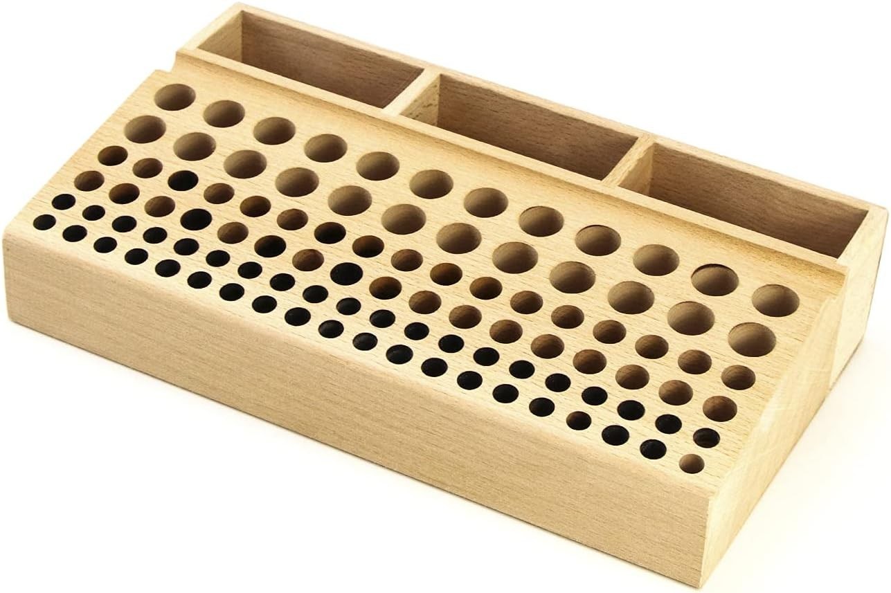 Versatile Leatherworking Tool Organizer with 98 Holes and 3 Slots – Beech Wood