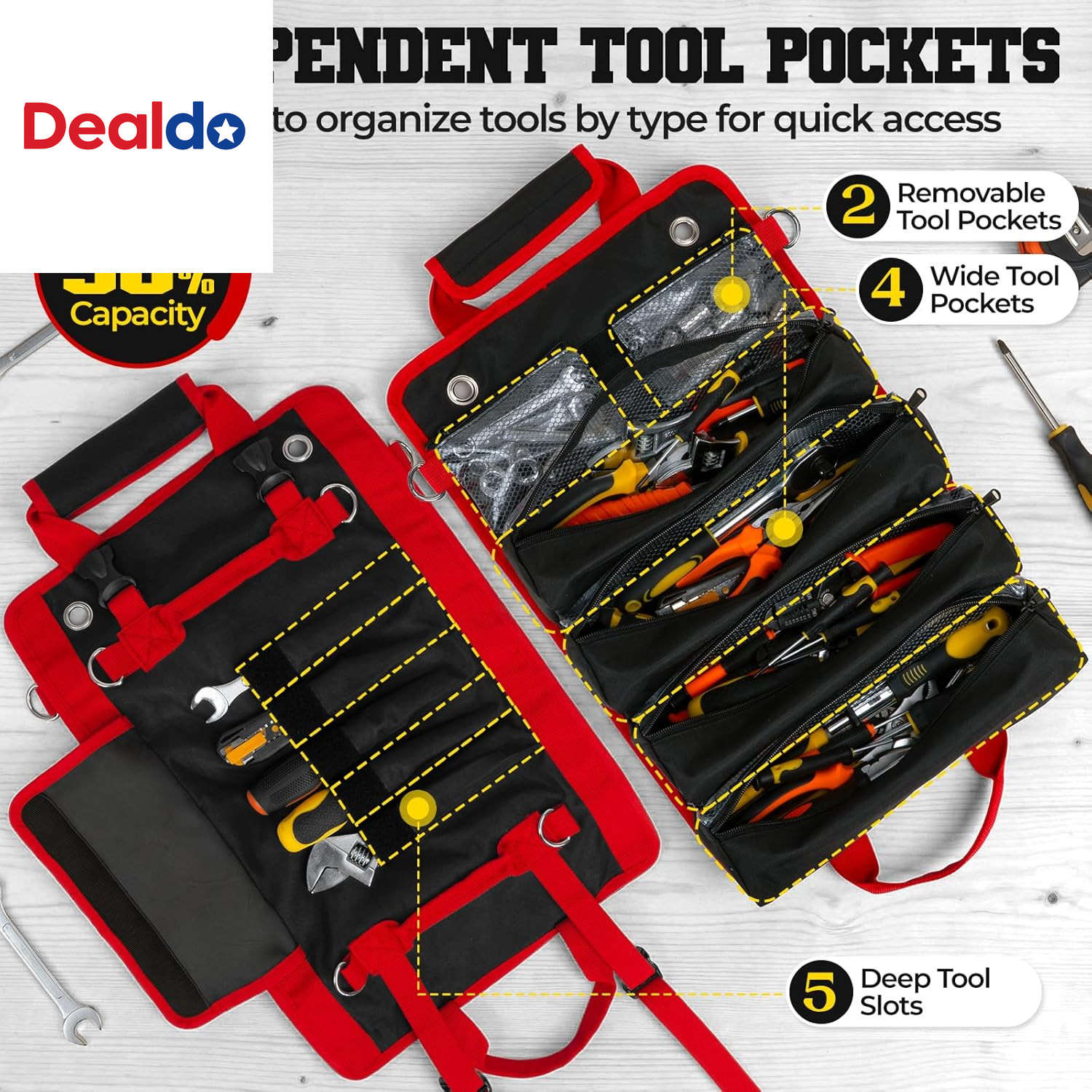 Roll up Tool Bag, Heavy Duty See-Through Tool Roll Organizer with 2 Detachable P