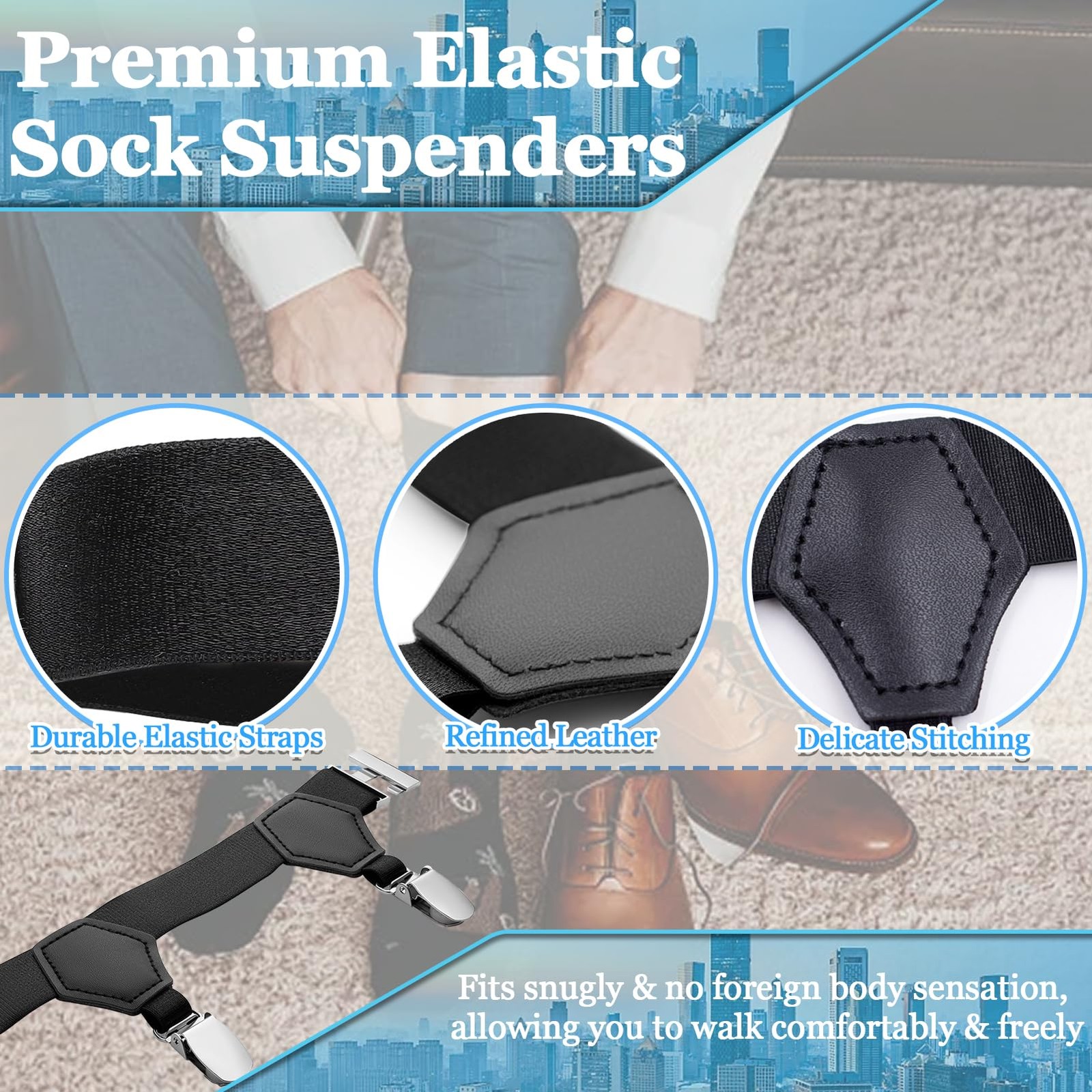 STAY GENT 2 Pairs Men’s Suspenders, 4 Pcs Sock Garters One Size, Coal Black