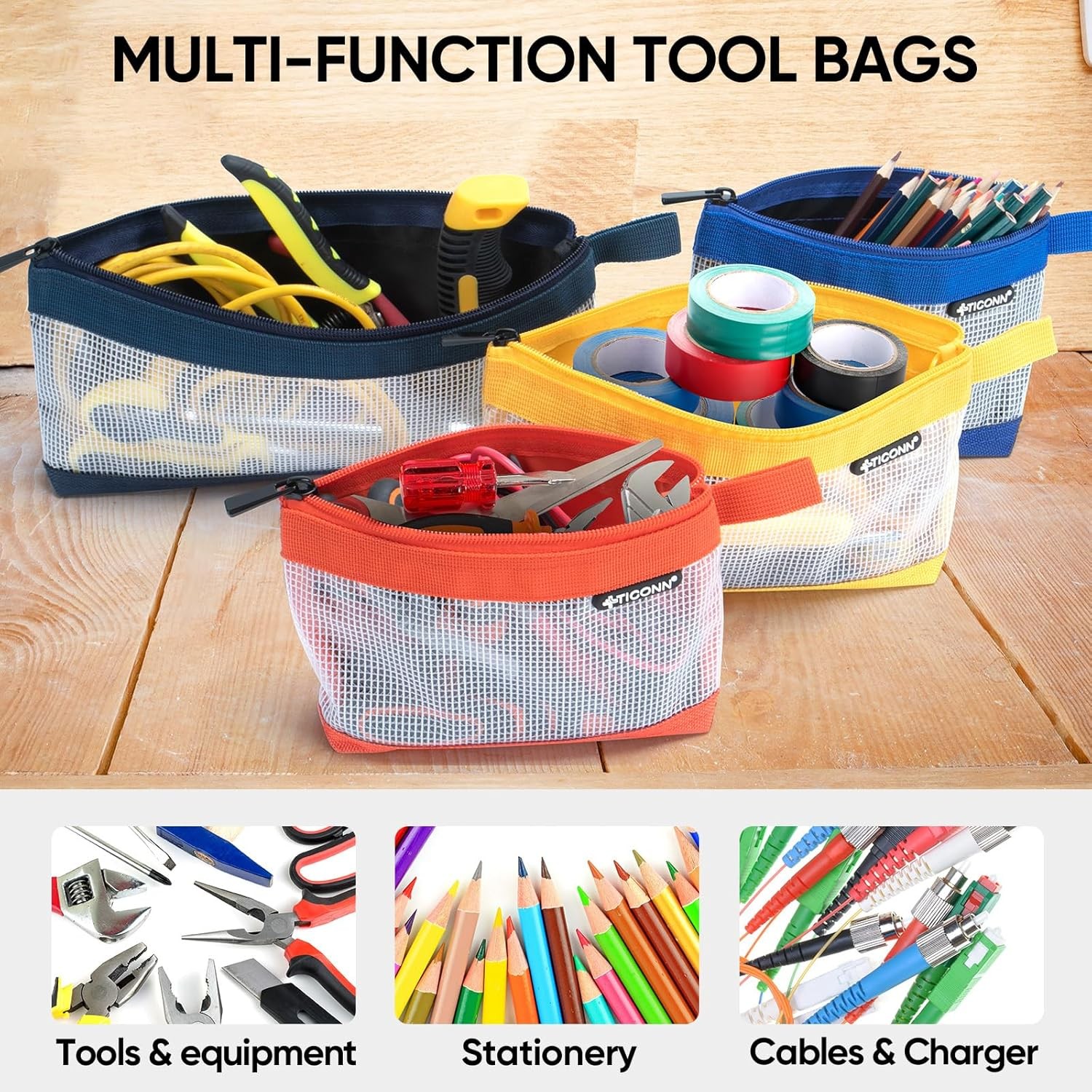 TICONN Tool Pouch, 1680D Oxford Small Tool Bag, Tool Pouches with Zipper, Clear