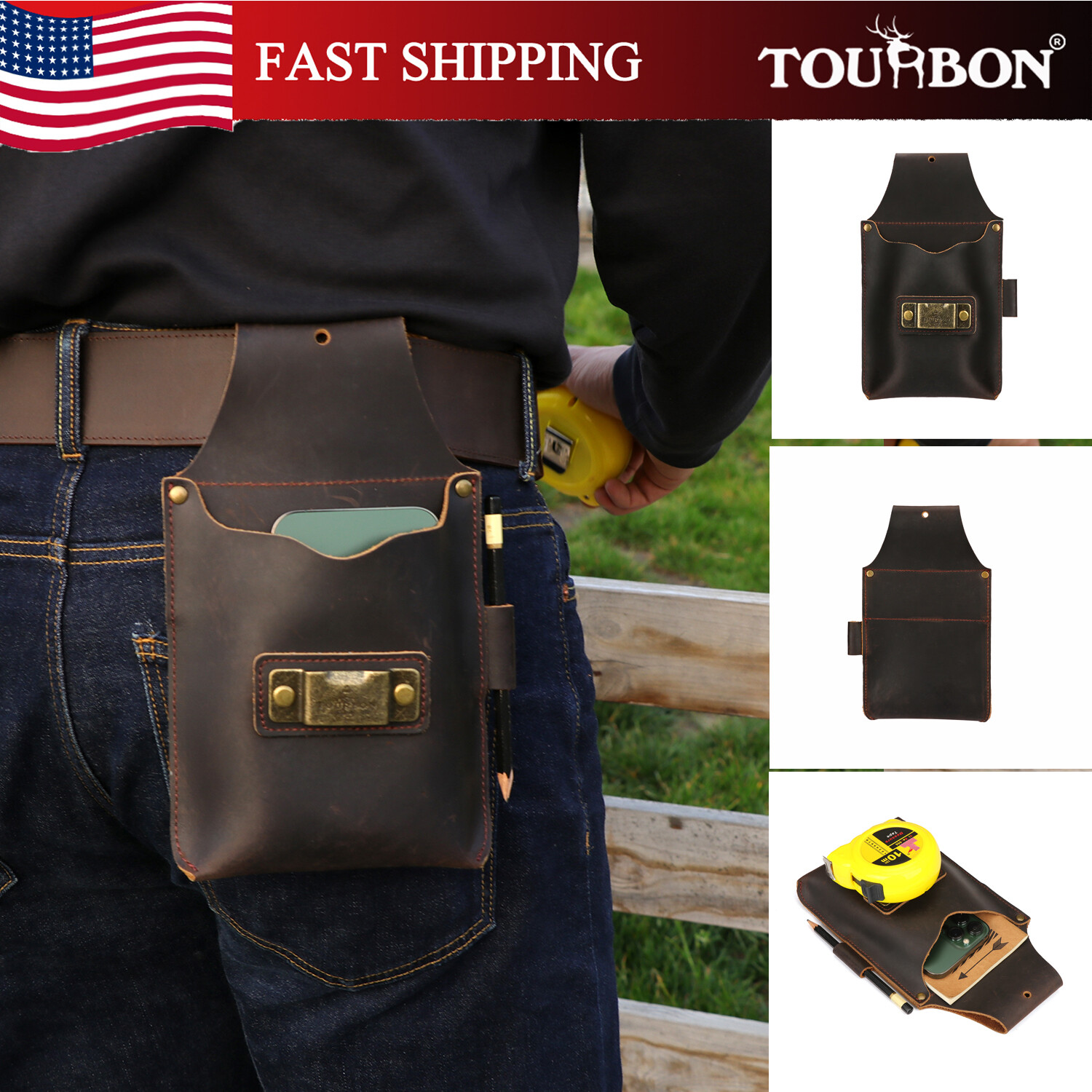 TOURBON Engineer Leather Cell Phone Belt Pouch Tape measure Holder Tool Carrier
